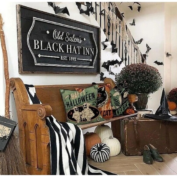 4 Retro Style Halloween Linen Pillow Covers 18x18 Cat Pumpkin Skeleton Bat Decor - Picture 6 of 16